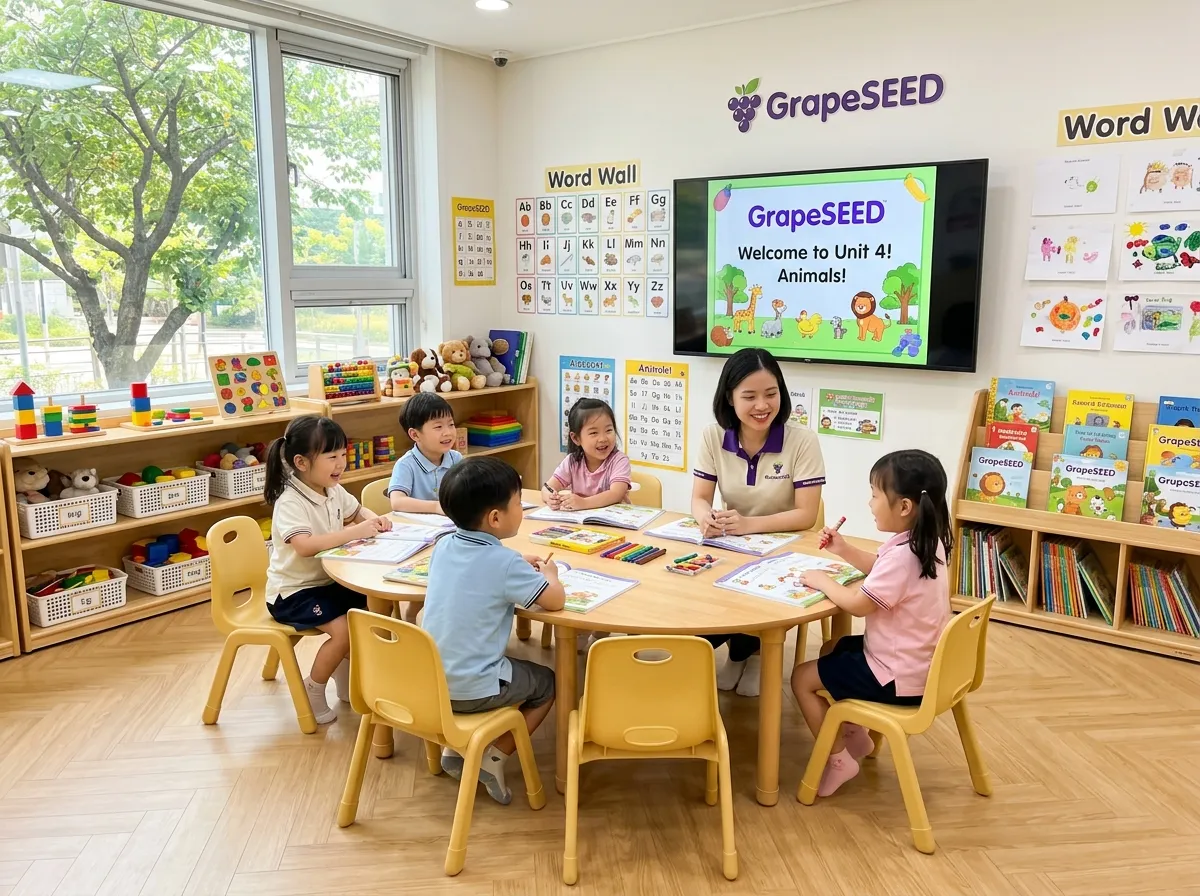 Phòng học GrapeSEED với Smart TV và bàn học nhóm